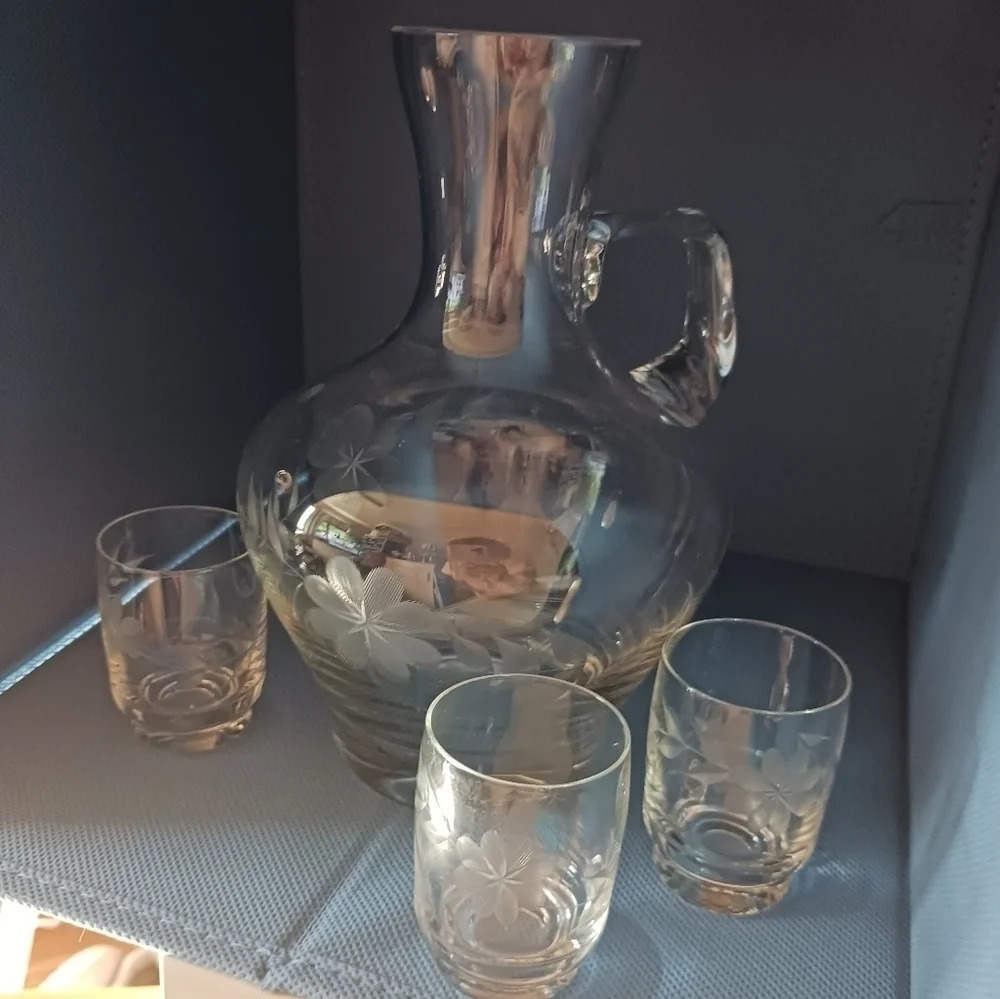 Crystal wine carafe and glasses set of 4 etched floral pattern